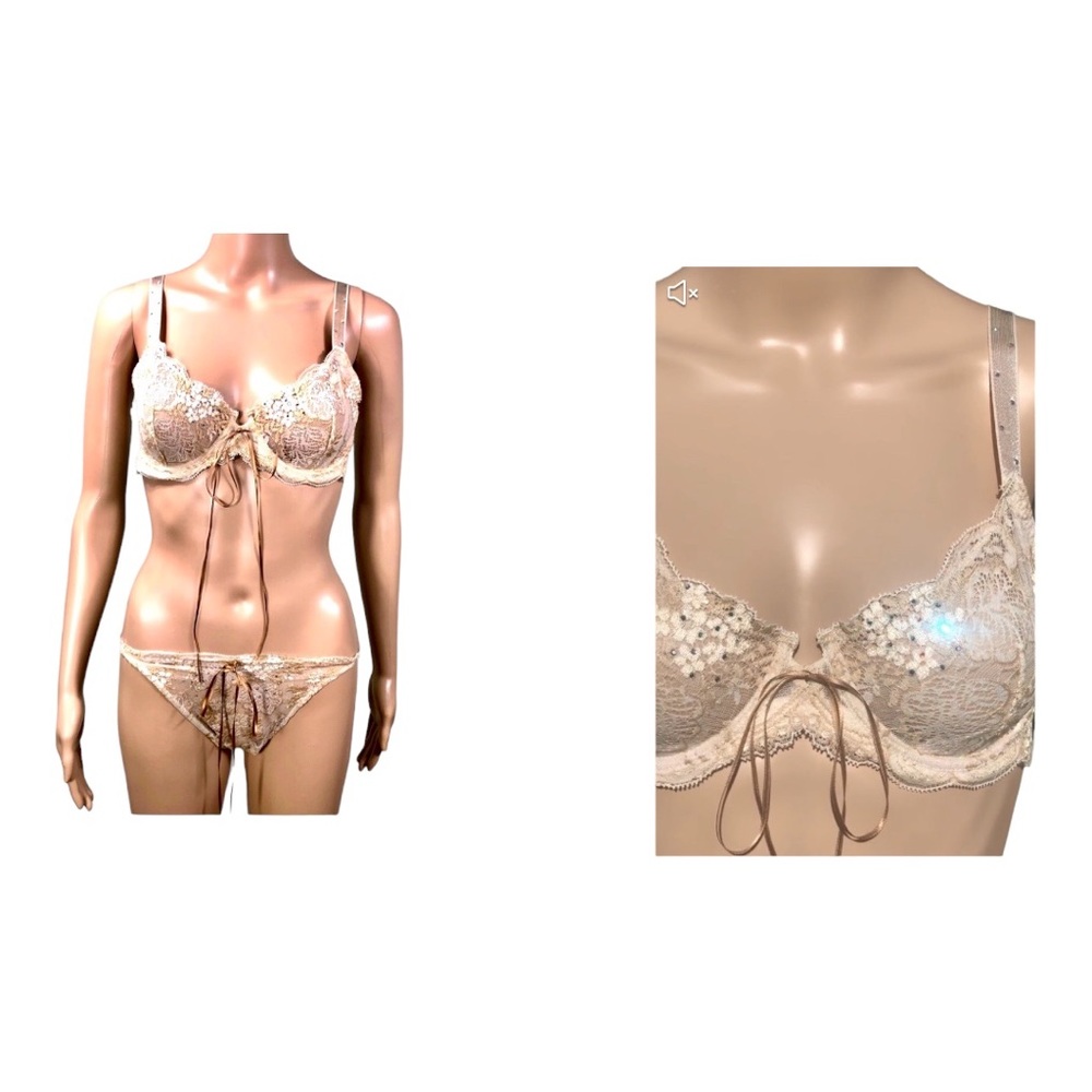 Verde Veronica IV NWT ivory lace with crystals and satin tie Sz 34 D & 38 panty